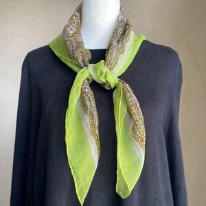 Vintage 50s Paisley Scarf. Greens and browns. Semi-sheer, rayon fabric. 30” sq.